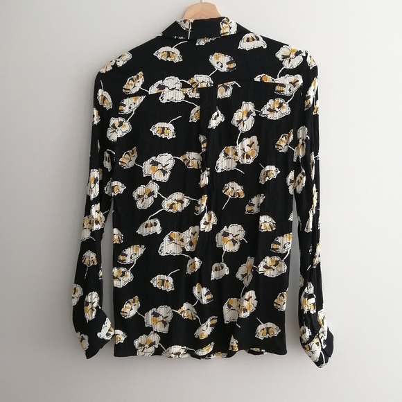 Ba&Sh Una Plisse Pleated Floral Button Up Black w Cream Yellow Flowers XS - Picture 4 of 16